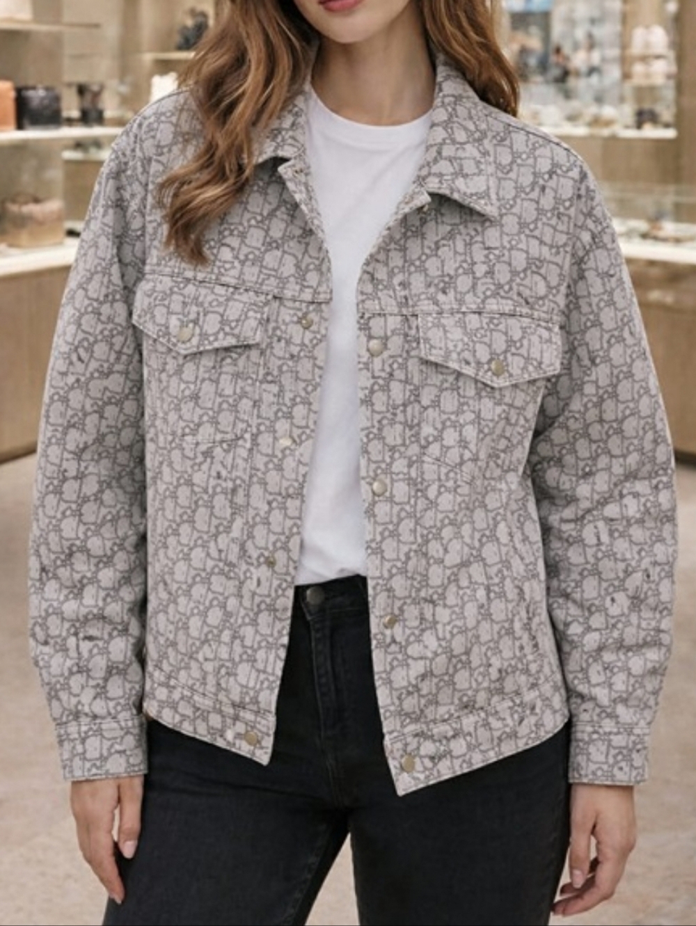 SALE🎉 All-Over Logo Button-Up Denim Jacket in Light Gray and Charcoal